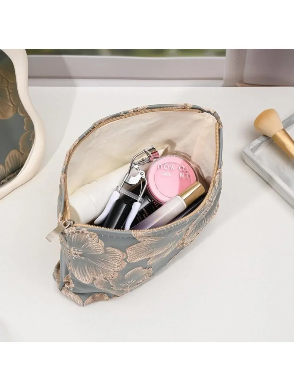 Chic Floral Embossed Makeup Bag | Elegant Cosmetic Pouch with Embroidery Design